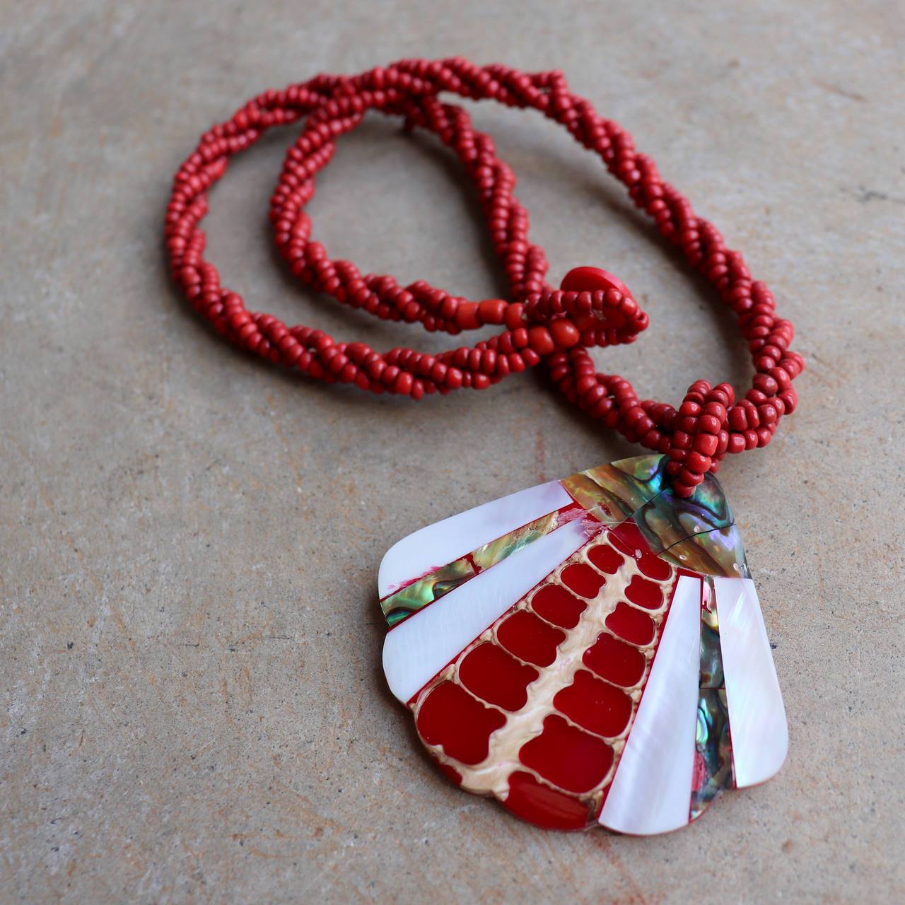 By The Sea Shore Pendant Necklace made with mother-of-pearl and glass beads in a red coral fan