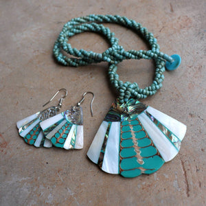 By The Sea Shore Pendant Necklace made with mother-of-pearl and glass beads in turquoise fan shape.