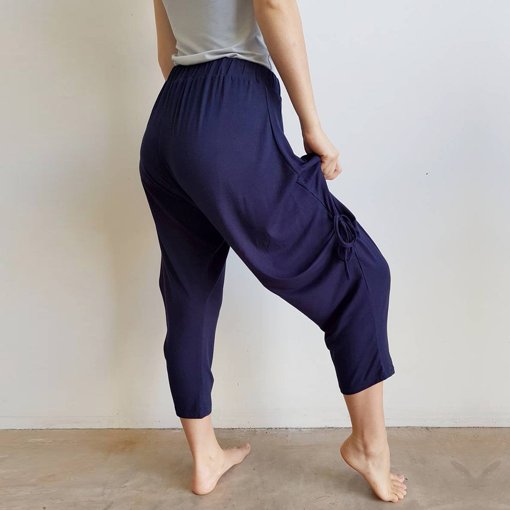 Rayon jersey fabric harem pant. Ethical + handmade onesize genie pant. Navy Blue.