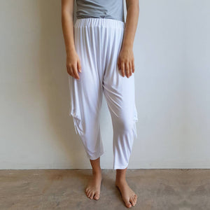 Rayon jersey fabric harem pant. Ethical + handmade onesize genie pant. White.