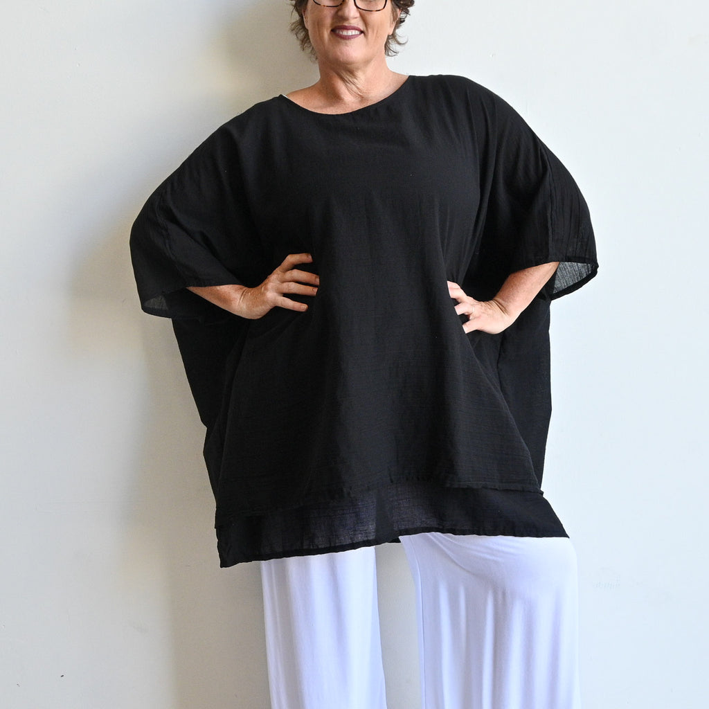 Come Fly With Me Layered Cotton Kaftan Top - Black KOBOMO