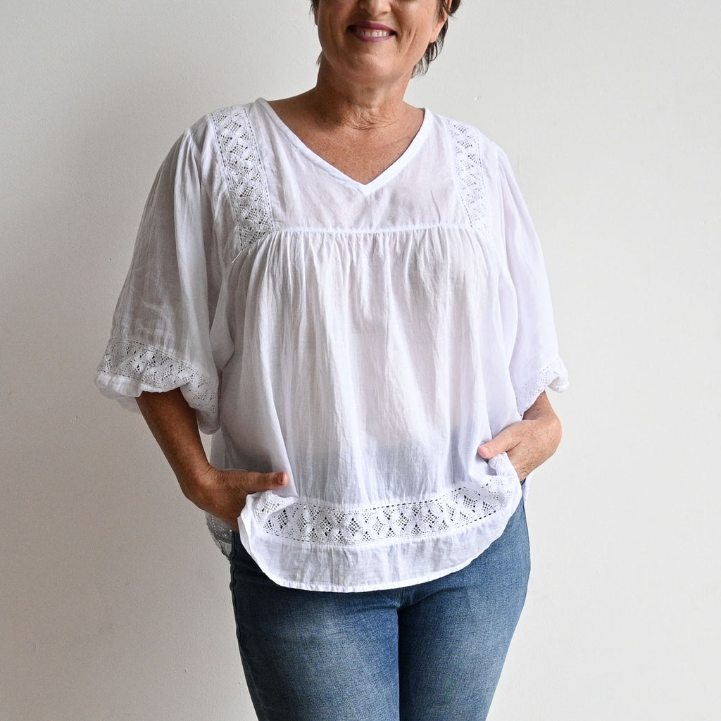 Cotton Lace Peasant Blouse -  KOBOMO