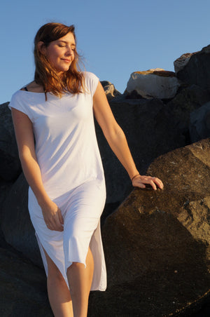 Dress Me Up in Bamboo - sleeveless slip designed to layer under sheer evening wear or kaftans. White.