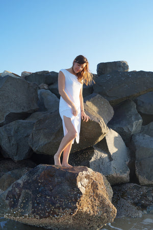 Dress Me Up in Bamboo - sleeveless slip designed to layer under sheer evening wear or kaftans. White. Summer style.