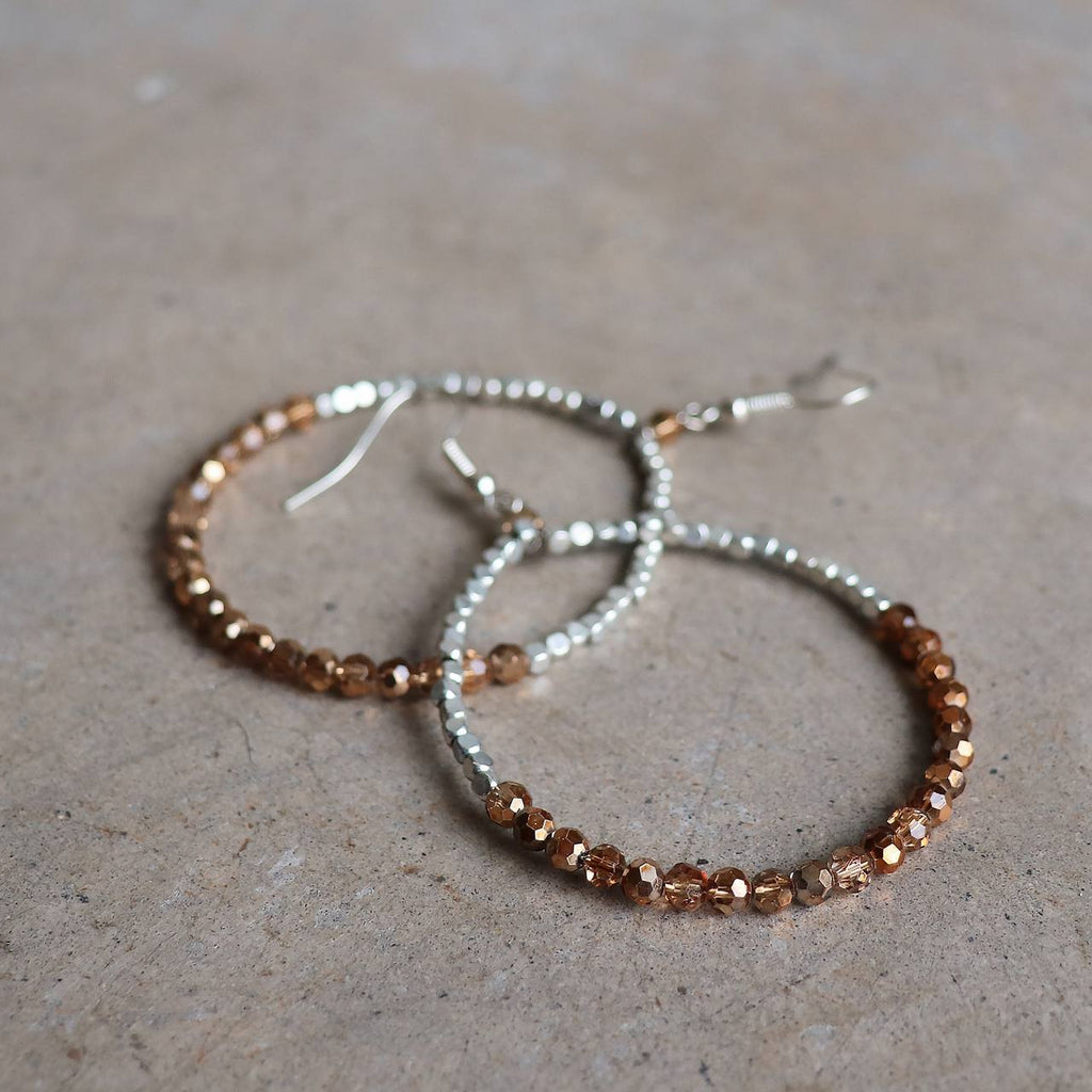 Handmade glass and metallic bead earrings. Silver Metallic + Gold Glass.