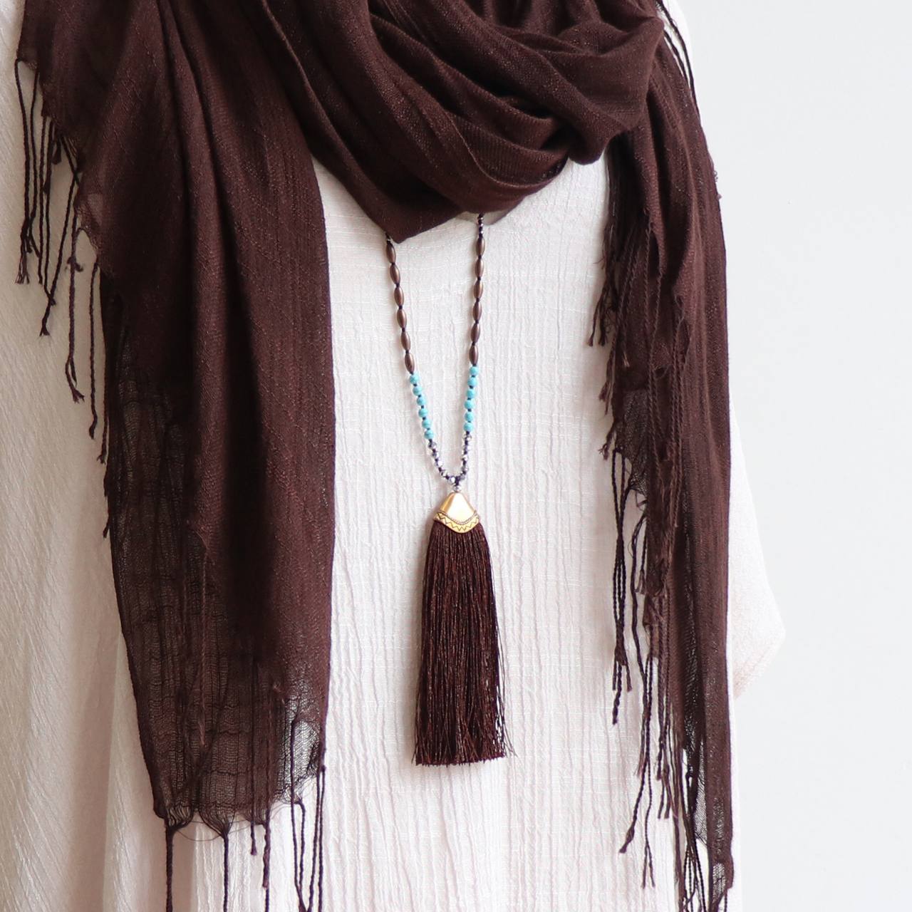 Long tassel pendant handmade glass bead ethnic style necklace. Chocolate Brown.