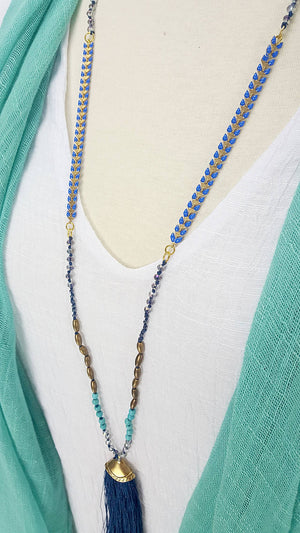Long tassel pendant handmade glass bead ethnic style necklace. Mocha + blue. 