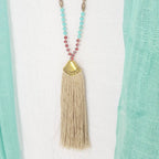 Long tassel pendant handmade glass bead ethnic style necklace. Mocha.