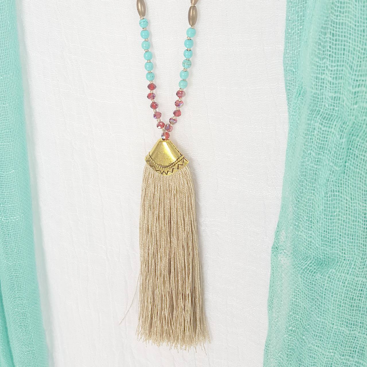 Long tassel pendant handmade glass bead ethnic style necklace. Mocha.