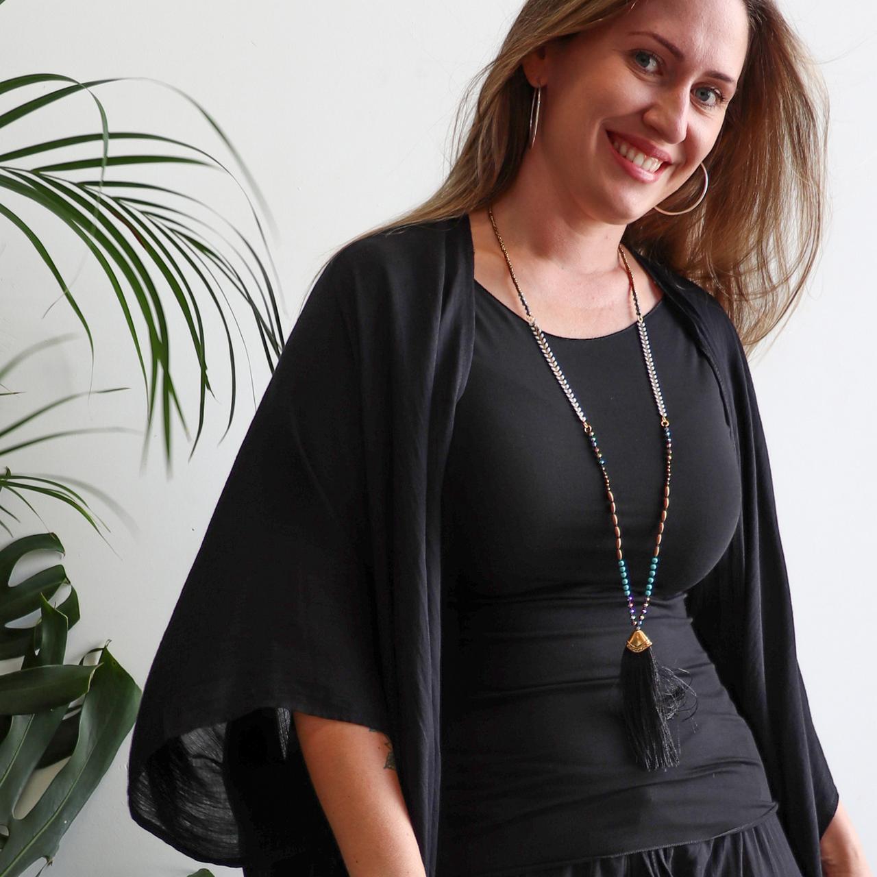 Long tassel pendant handmade glass bead ethnic style necklace. Mocha + blue.  Black.