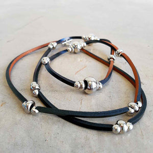 Long leather necklace with bead detail - Black Leather 