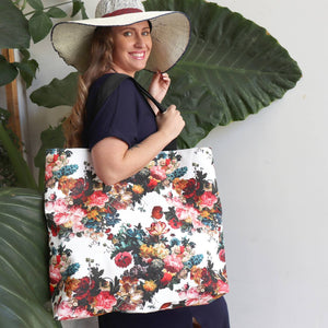 Large waterproof shopping tote in floral print also great weekender or carry on.