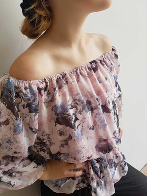 Give Me the Night Blouse Top with Ruffled Chiffon Sleeves in Floral pink.