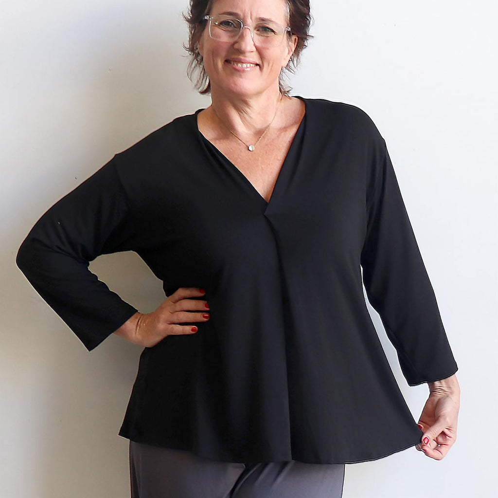 Go To Top by KOBOMO, a long sleeve winter basic made in quality bamboo designed for small to plus size women. Front View.