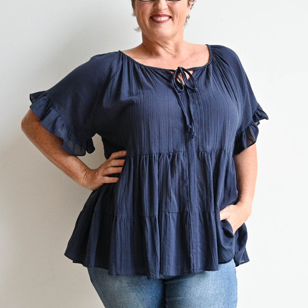 Go With The Flow Cotton Blouse - NavyBlue KOBOMO