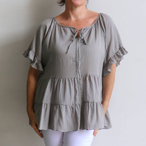 Flowing free size white cotton blouse perfect for our hot Australian summer season. Plus size style. Stone.