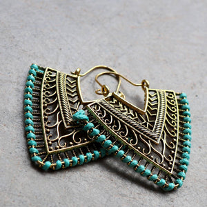 Brass filigree earrings with linen thread colour wrap details. Arrow-Turquoise.