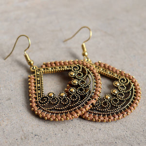 Brass filigree earrings with linen thread colour wrap details. Tear-Drop - Tan.