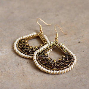Brass filigree earrings with linen thread colour wrap details. Tear-Drop -White.