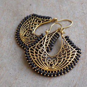 Brass filigree earrings with linen thread colour wrap details. Spade-Black.