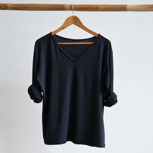 I'll Be There V-neck T-shirt - Long Sleeve - Charcoal and Black Stripe -  KOBOMO
