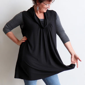 I'm Every Woman Sleeveless Tunic with Cowl Neck by Kobomo is ethically made fashion in bamboo fabric for plus size style. Mid-thigh hemline.
