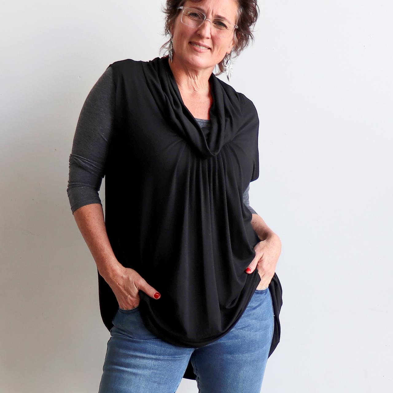 I'm Every Woman Sleeveless Tunic with Cowl Neck by Kobomo is ethically made fashion in bamboo fabric for plus size style. Wear with denim.