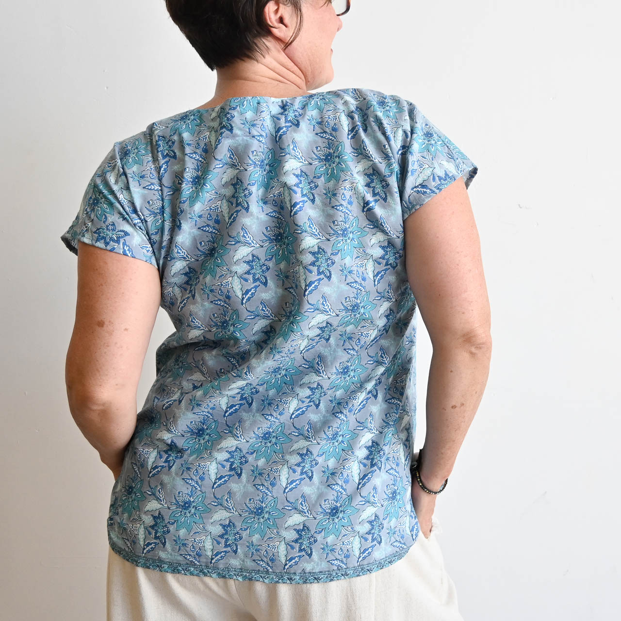 Sari Cotton Top by KOBOMO - Silver Blue Floral -  KOBOMO