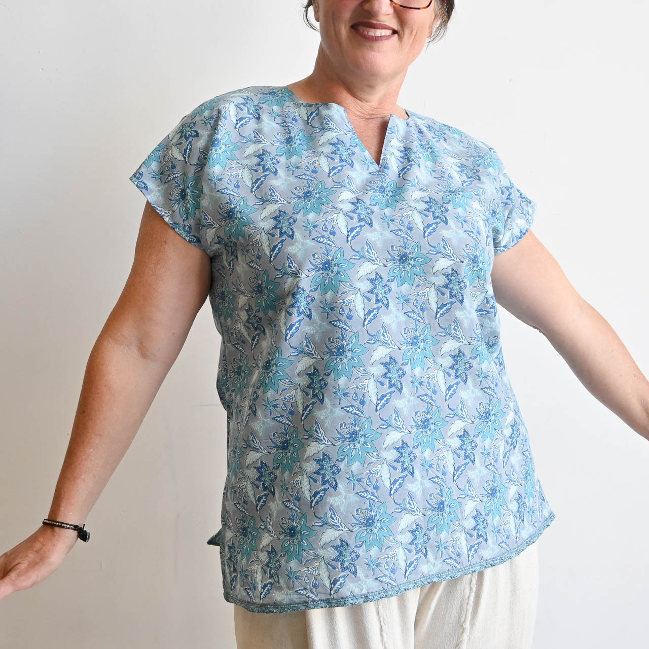 Sari Cotton Top by KOBOMO - Silver Blue Floral -  KOBOMO