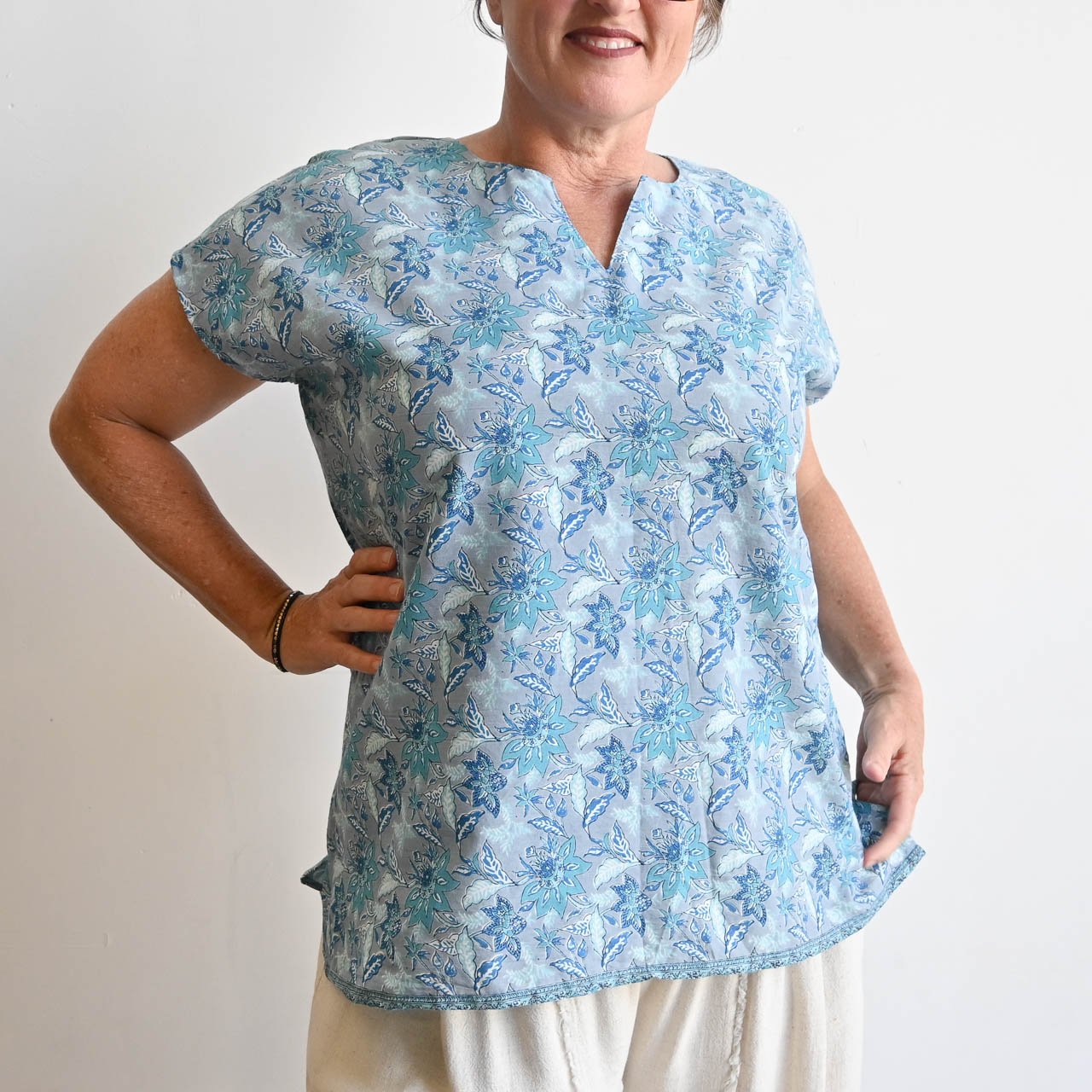 Sari Cotton Top by KOBOMO - Silver Blue Floral -  KOBOMO