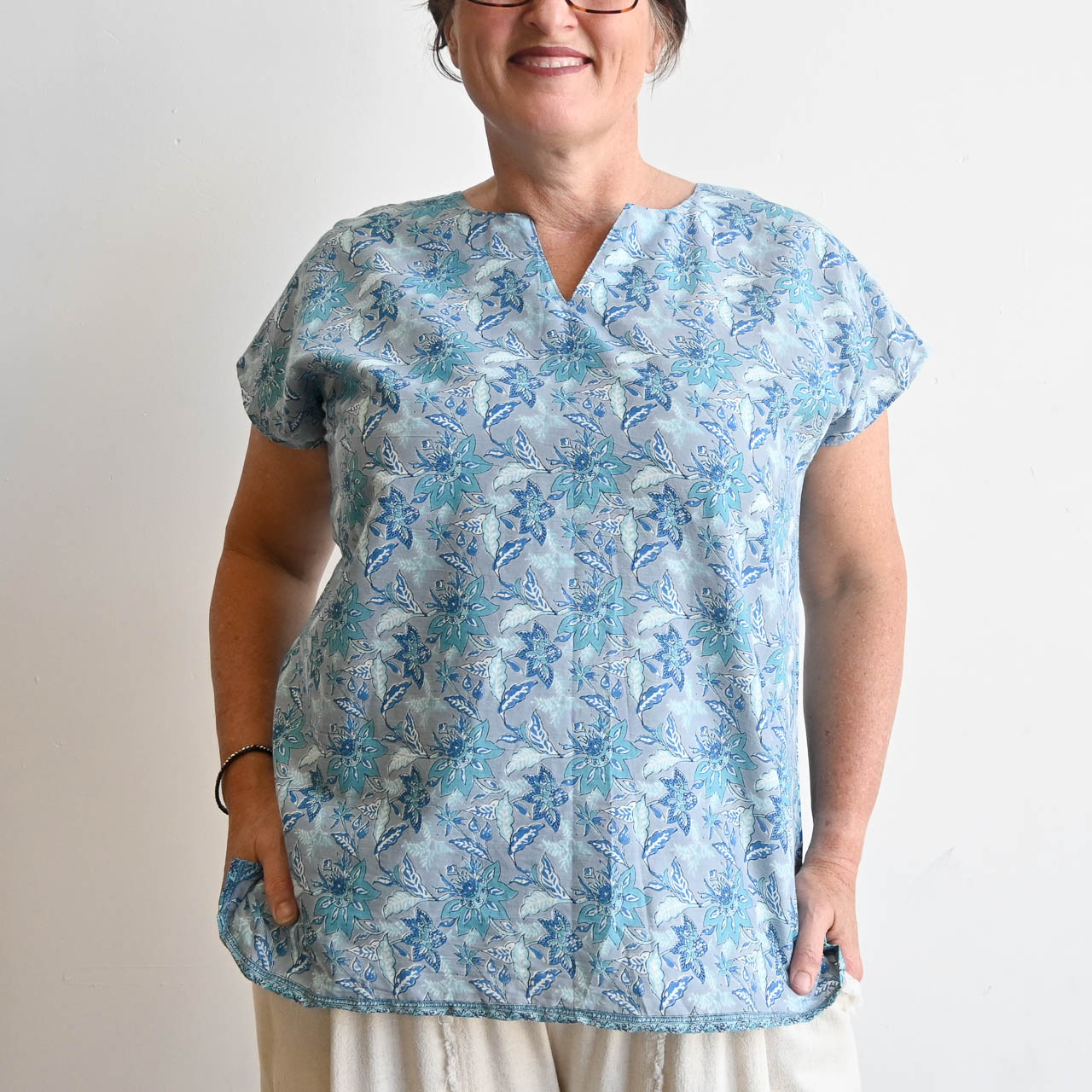 Sari Cotton Top by KOBOMO - Silver Blue Floral -  KOBOMO