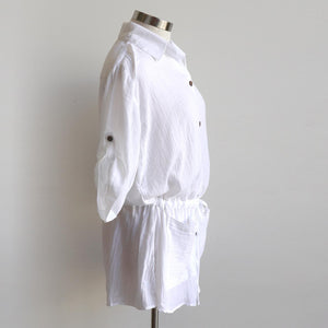 Come on a Safari with me! Classic summer short-sleeved, button-through blouse in 100% cotton. White. Side view.