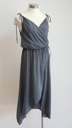 100% cotton spaghetti strap summer boho wrap dress with adjustable ties. Charcoal.