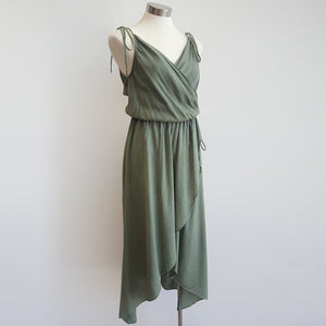 100% cotton spaghetti strap summer boho wrap dress with adjustable ties. Misty green. 
