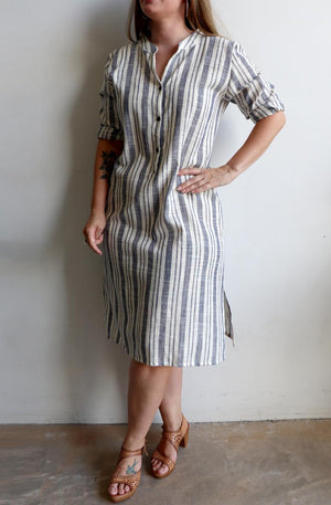 Linen Kurta Tunic Dress in blue and cream stripe. Available in plus size. Designed in Noosa, Australia and has been ethically produced in small runs.