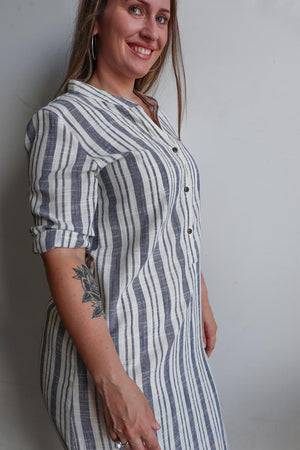 Linen Kurta Tunic Dress in blue and cream stripe. Available in plus size. Designed in Noosa, Australia and has been ethically produced in small runs.