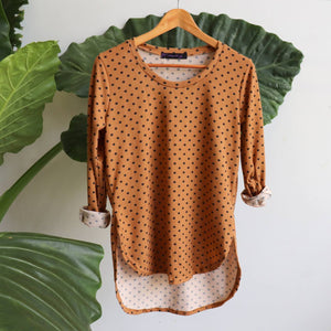 The Lucky Spot Top, soft to touch, stretchy garment, easy wash and wear acrylic blend. Ochre.