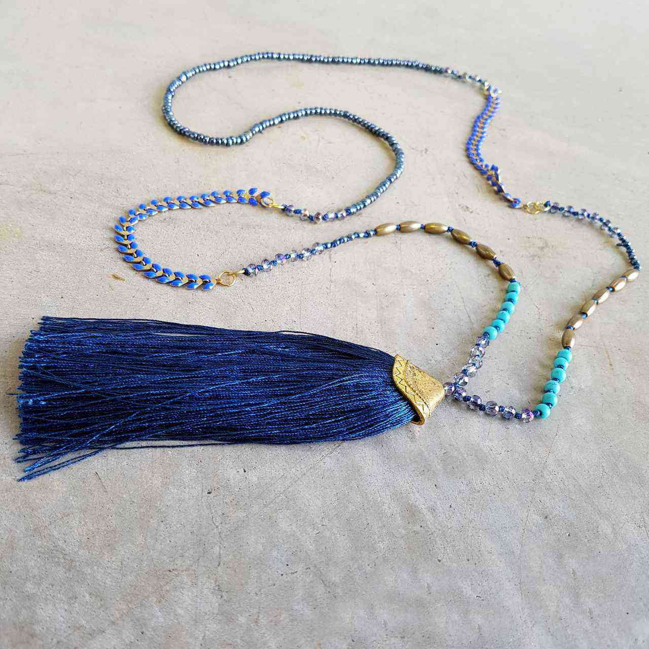 Long tassel pendant handmade glass bead ethnic style necklace. Mocha + blue.  Navy Blue 