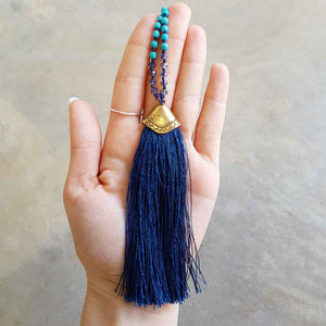 Long tassel pendant handmade glass bead ethnic style necklace. Mocha + blue.  Navy Blue 