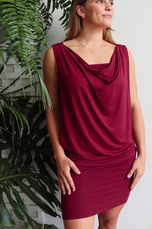 Double layer lux bamboo sleeveless cowl neck dress / top. Tube underlay + loose overlay with cowl neck feature. Easy fit Summer dress / top available in petite > plus size! Sangria.