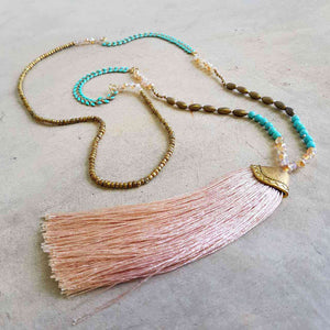 Long tassel pendant handmade glass bead ethnic style necklace. Blush Pink 