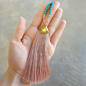 Long tassel pendant handmade glass bead ethnic style necklace. Blush Pink