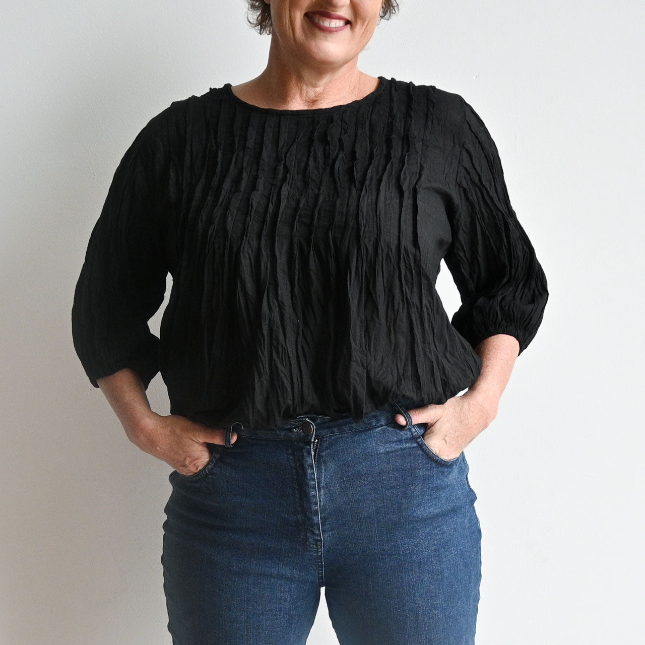 Pintuck Blouse Top - Black KOBOMO