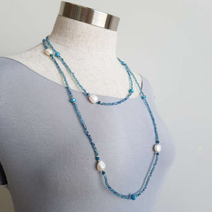 Pisces Pearl and Cutglass Necklace- 70cm length freshwater pearls. Marine Blue. 