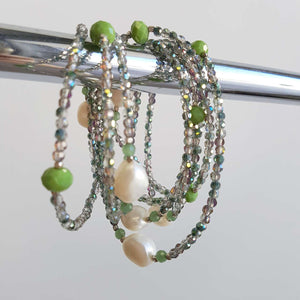 Pisces Pearl and Cutglass Necklace- 70cm length freshwater pearls. Soft Green.