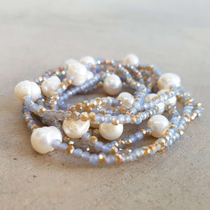 Pisces Pearl and Cutglass Necklace- 70cm length freshwater pearls. Neutral.