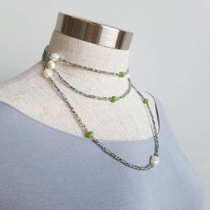 Pisces Pearl and Cutglass Necklace- 70cm length freshwater pearls. Soft Green.