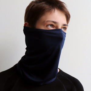 Protect-A-Neck Scarf Mask is a silky soft, stretchy poly/spandex tube scarf + face mask + headband. Carlton Blue. Mask view.