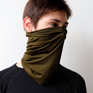 Protect-A-Neck Scarf Mask is a silky soft, stretchy poly/spandex tube scarf + face mask + headband