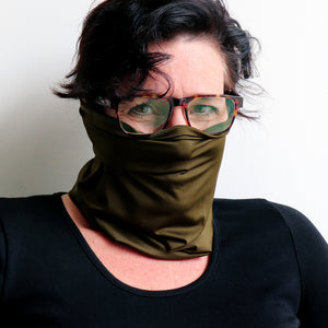 Protect-A-Neck Scarf Mask is a silky soft, stretchy poly/spandex tube scarf + face mask + headband. Glamping Green Mask view.